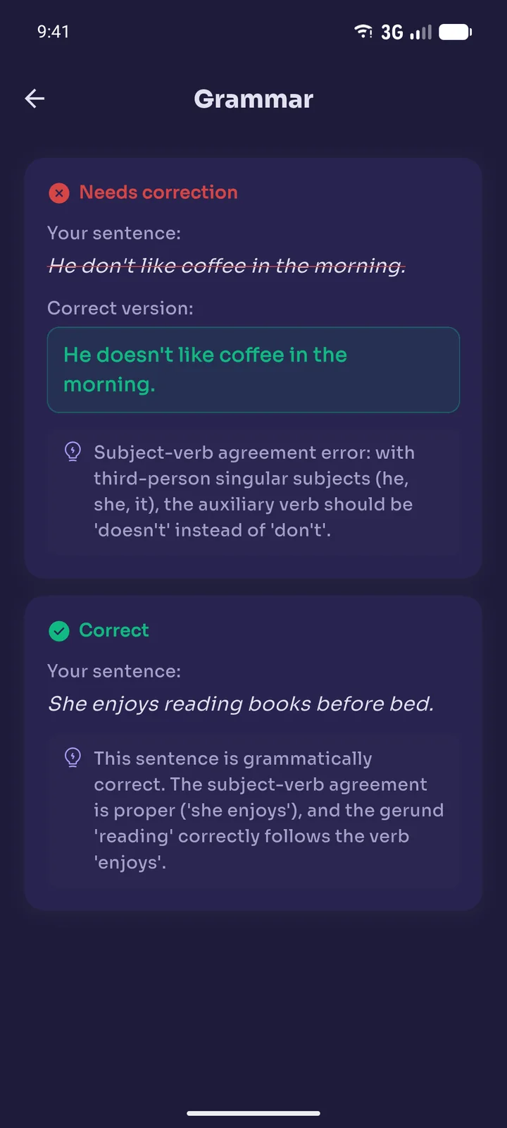 Grammar check result screen