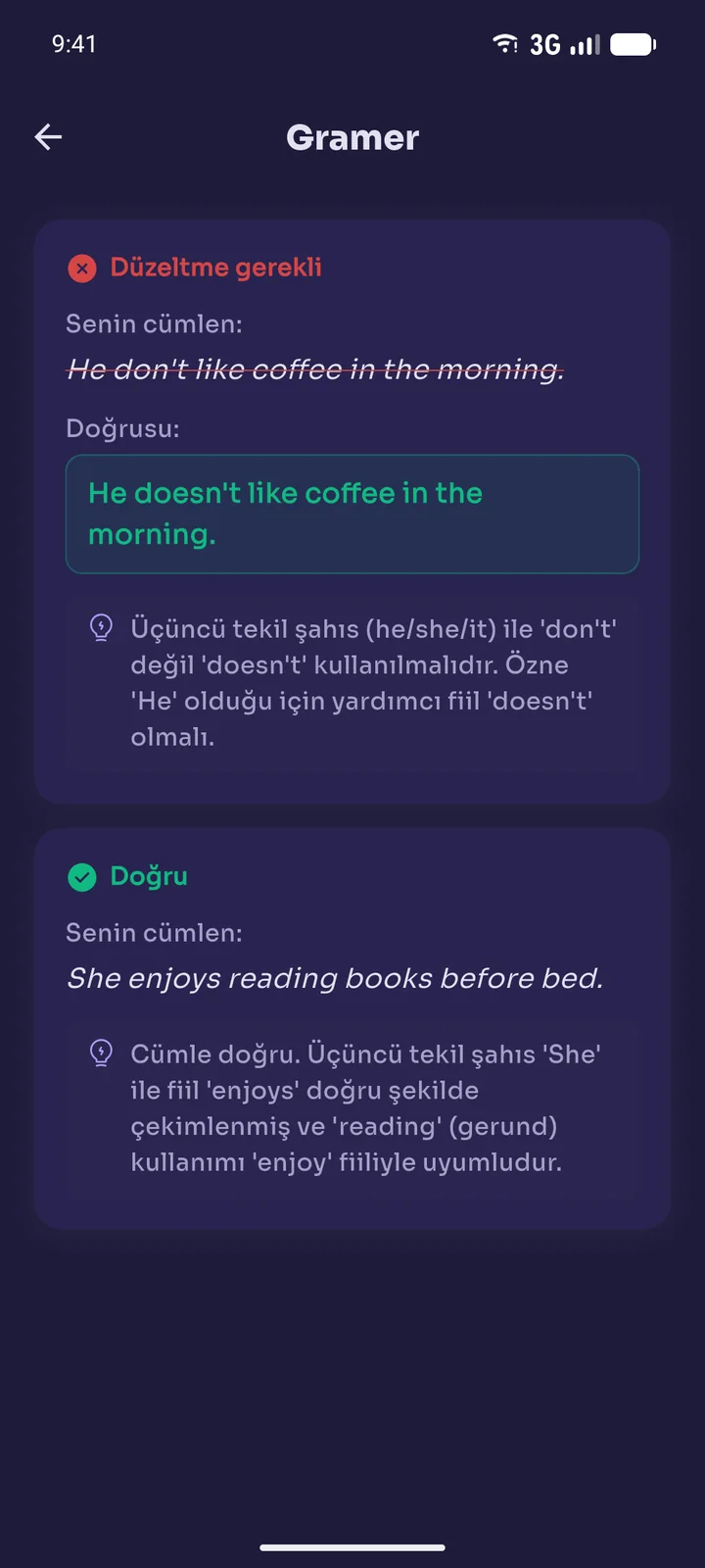 Gramer kontrolü sonuç ekranı