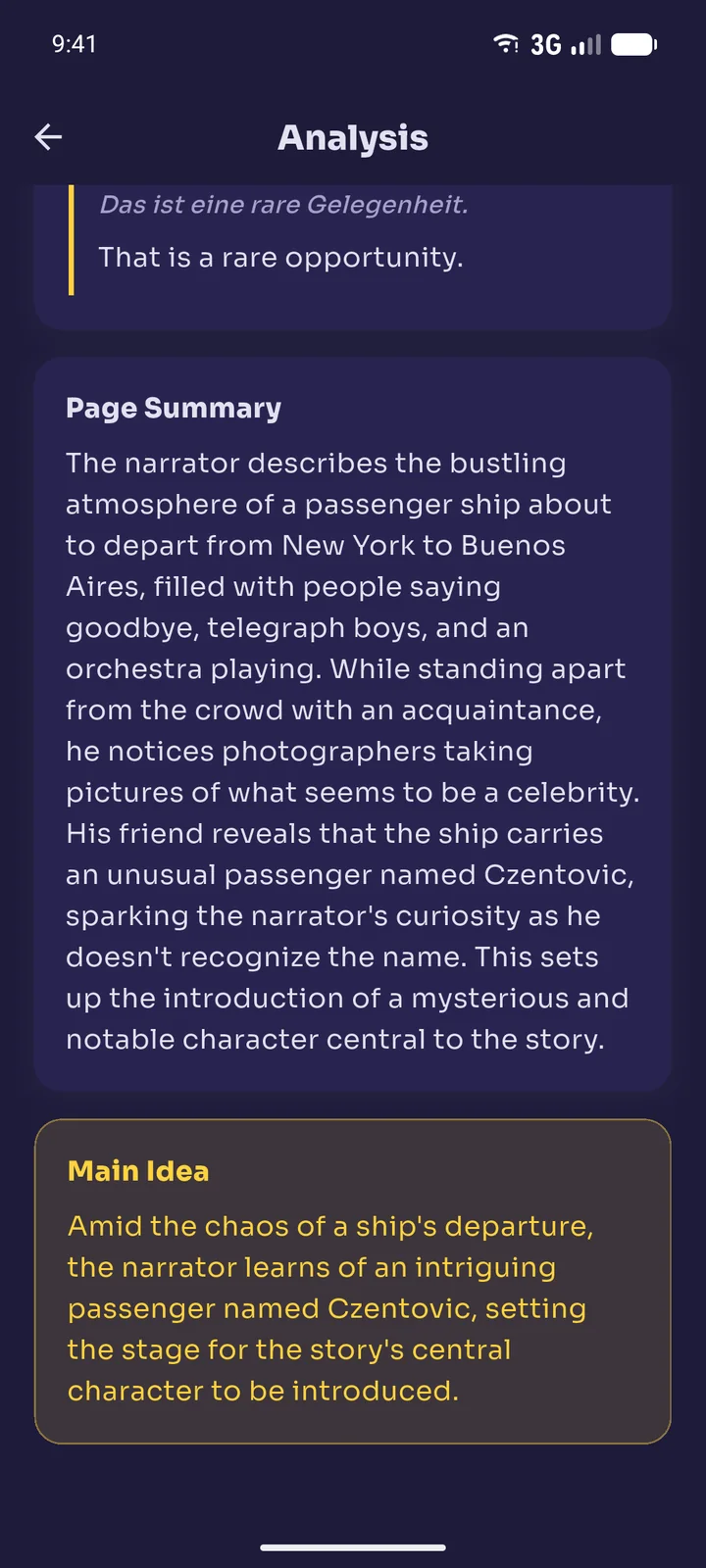 Page summary and main idea screen