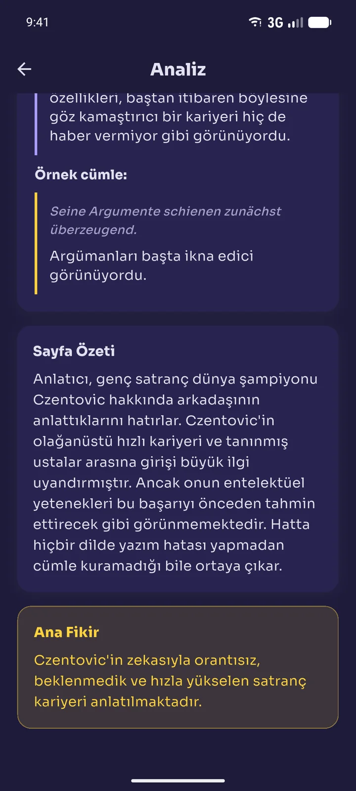 Sayfa özeti ve ana fikir ekranı